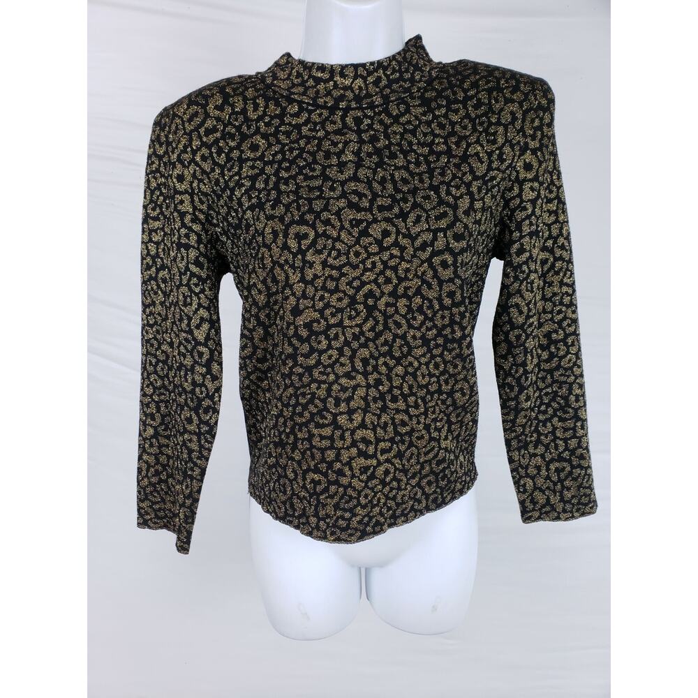 EUC A.L.C. Black Gold Long Sleeve Shirt L Women's Leopard Lightweight Mock Neck